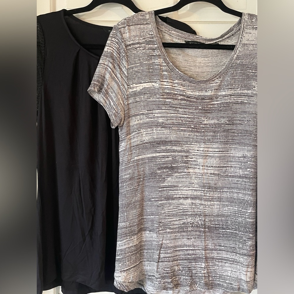 H By Halston Lot Of 2 SS Tops Black W/Open Weave Accents & Blk/Wht Striped Sz MD